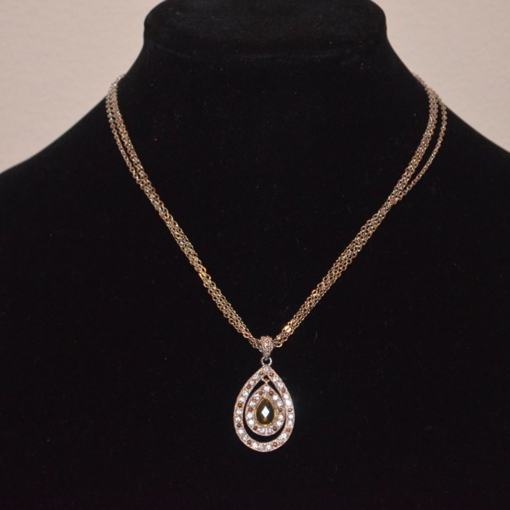 Vintage Necklace Pendant Double Frame Drop Shape Gem Stones Chain Fastener